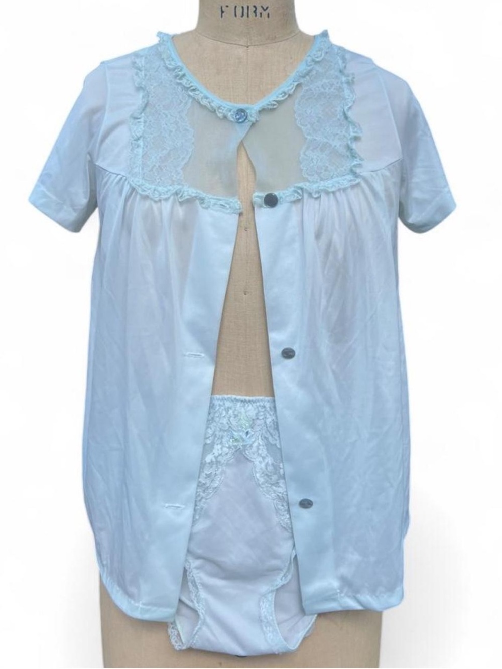 Vintage Blue Lingerie Set Shadowline Panties Lace Bed Jacket Size Small